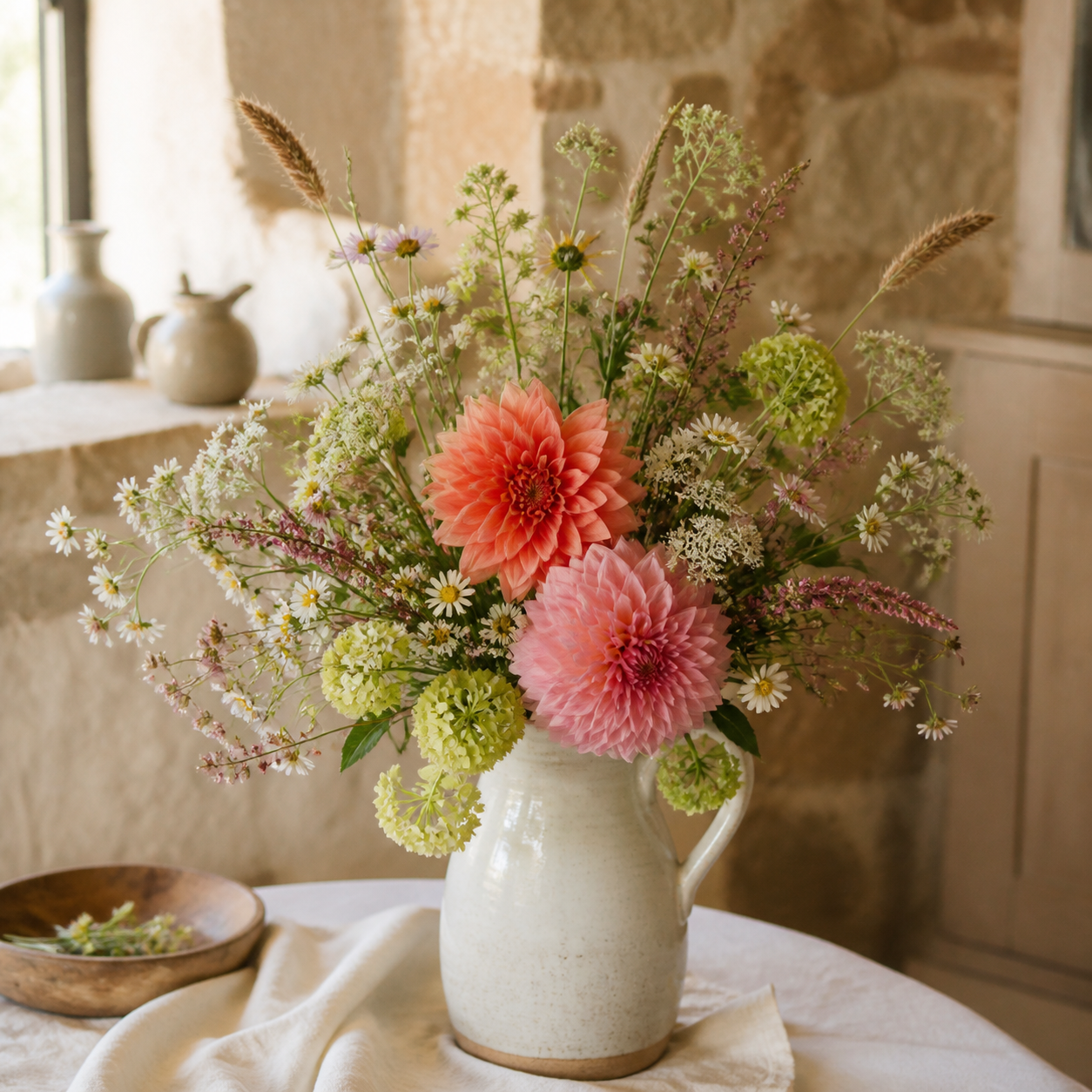 Bouquet campagnolo con fiori di campo e dalie